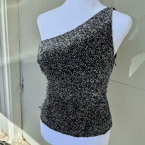 VTG Scala Beaded Silk One Shoulder Asymmetrical Top Black Silver M